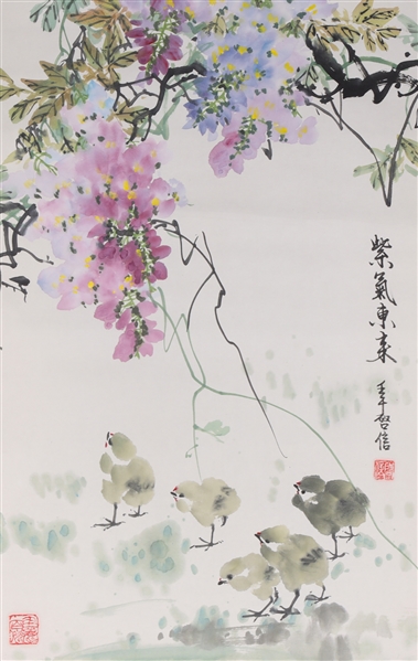 Appraisal: Chinese ink and color on paper painting of chicks and