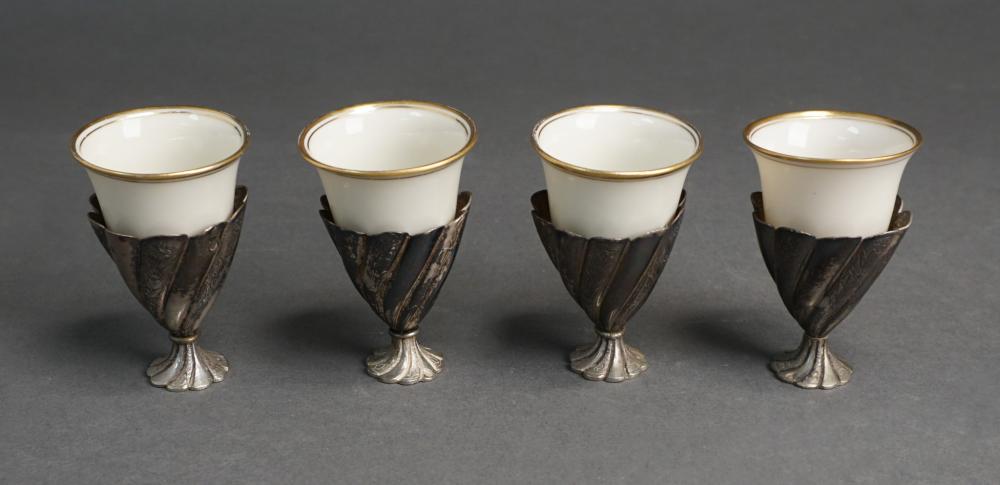 Appraisal: FOUR OTTOMAN TUGHRA MARKED -SILVER SPIRAL-FORM ZARF CUPS WITH FOUR