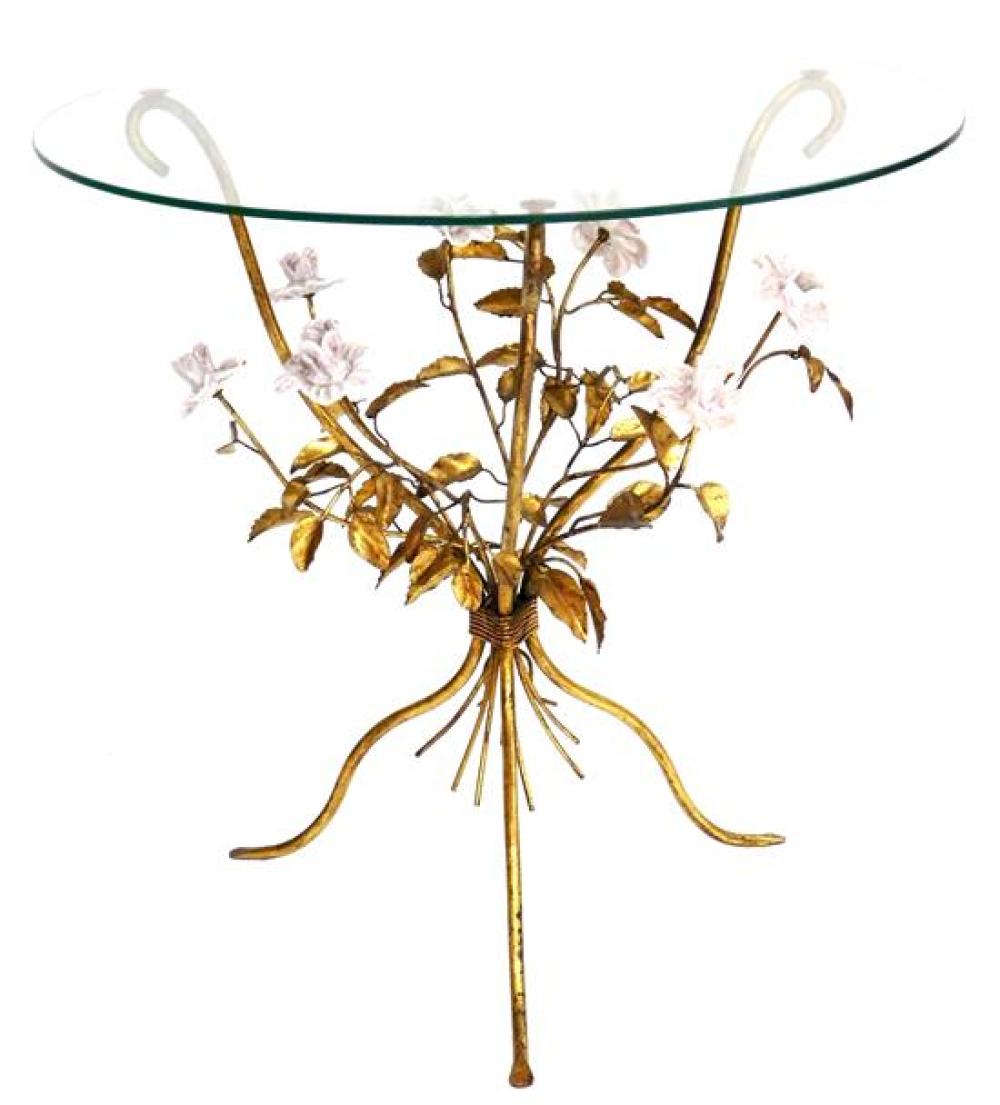 Appraisal: Gilt metal and ceramic flower table base with round glass