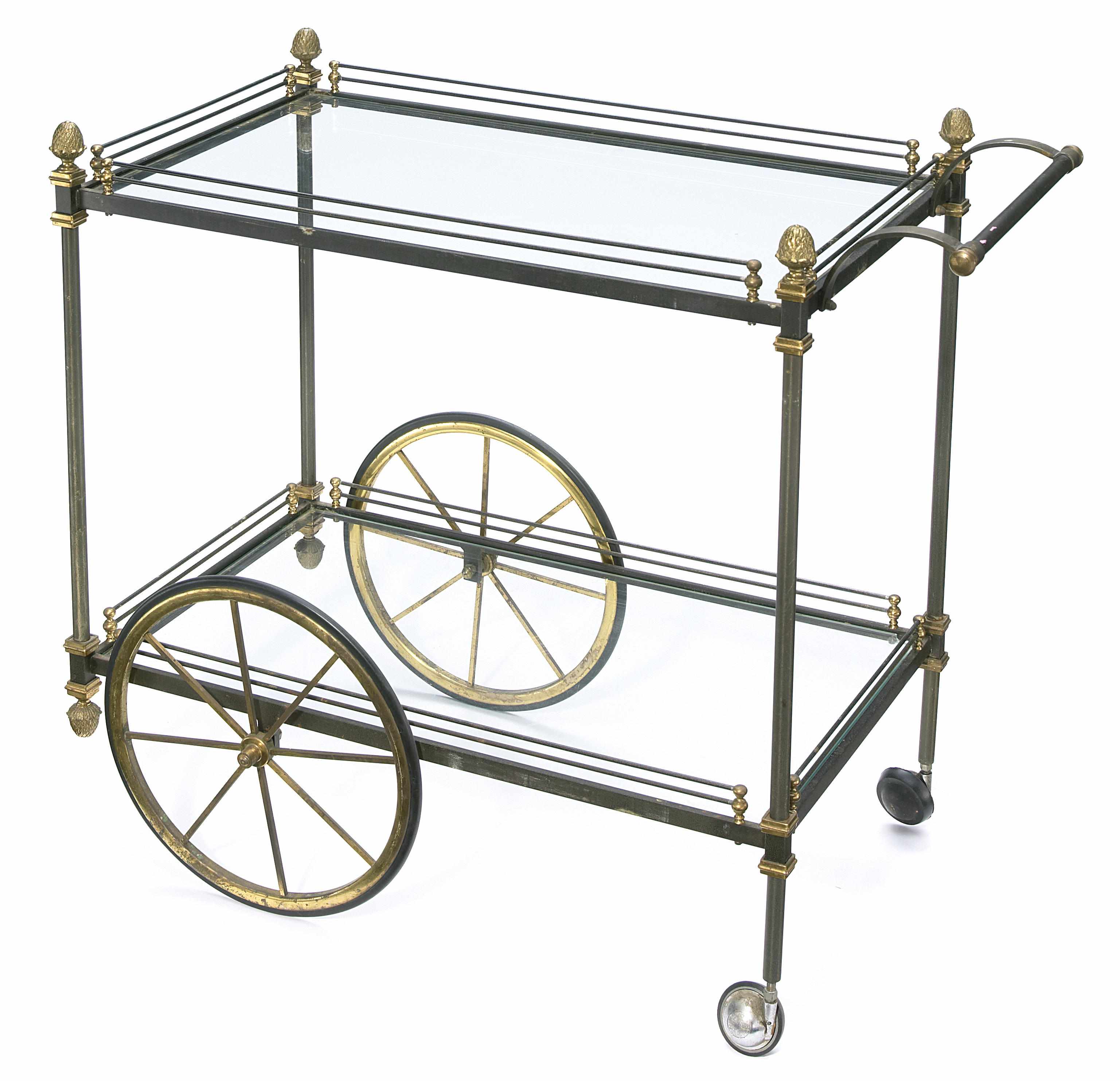 Appraisal: A French bronze steel and glass cocktail cart adapted by