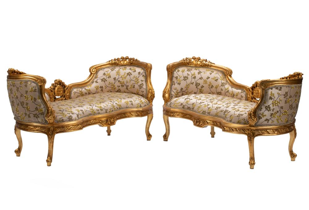 Appraisal: Pair of Louis XV-Style Carved Giltwood Window Benches scrolled floral