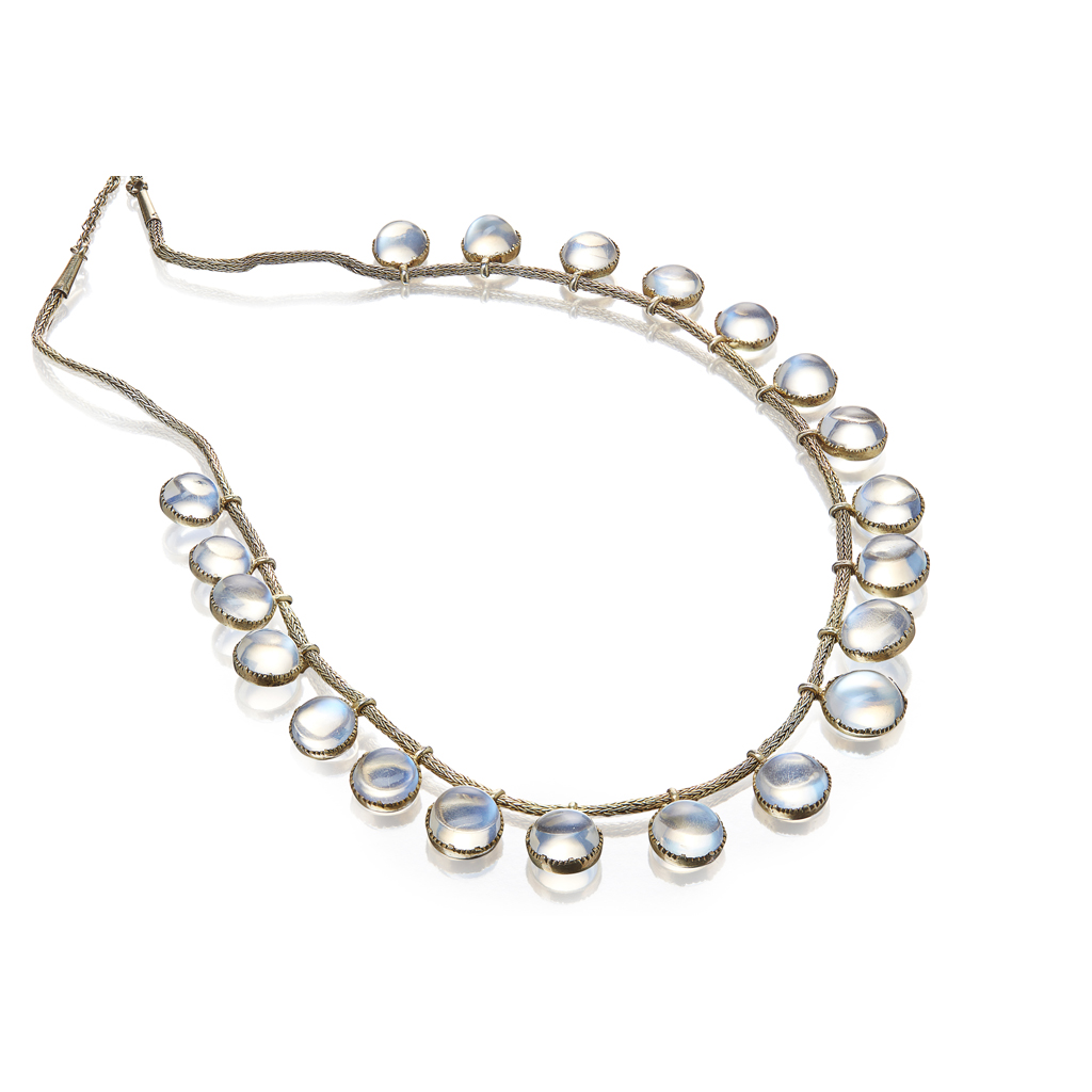 Appraisal: A moonstone set necklace the woven link necklace suspending various