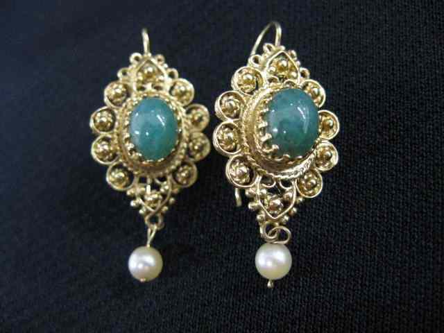 Appraisal: k Jade Pearl Earrings French wire style yellow gold ''