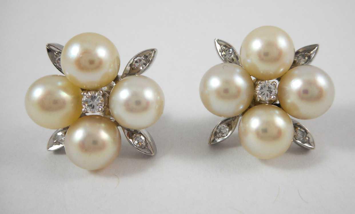 Appraisal: PAIR OF PEARL AND DIAMOND EARRINGS each k white gold