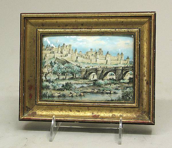 Appraisal: A French enamel landscape painting of Carcassonne France dated Depicting