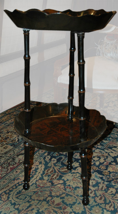 Appraisal: Chinoiserie Decorated Black Lacquered Two-Tier Stand Estimate nbsp nbsp nbsp