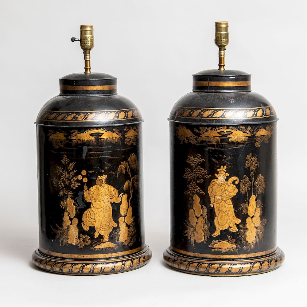 Appraisal: Pair of Chinoiserie T le Peinte Tea Canisters Mounted as