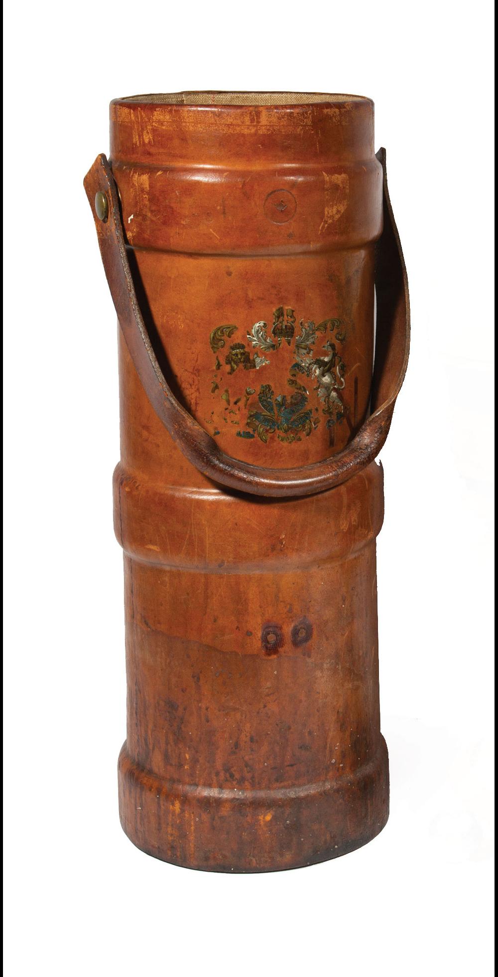 Appraisal: English Leather Shot Bucket swing handle canvas-lined interior remnants of