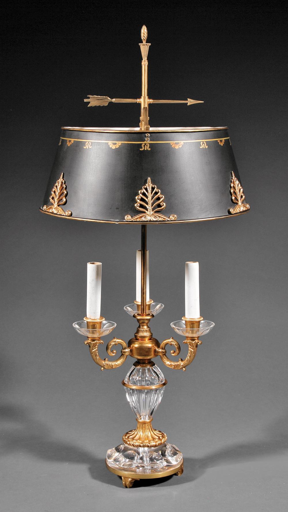 Appraisal: Neoclassical-Style Gilt Bronze and Crystal Three-Light Bouillotte Lamp tole peinte