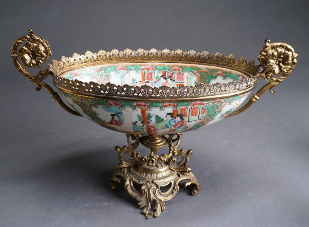 Appraisal: Continental Metal Mounted Rose Medallion Decorated Porcelain Compote Centerpiece H