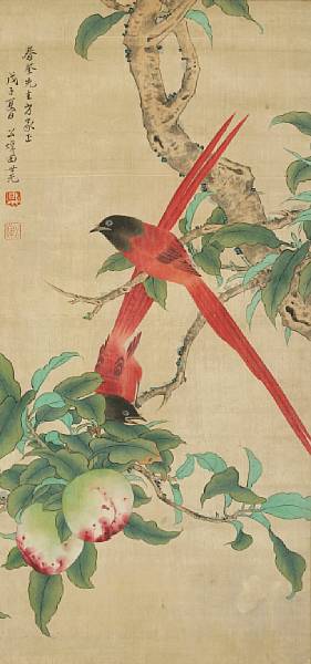 Appraisal: Tian Shiguang - Birds and Peaches Hanging scroll ink and