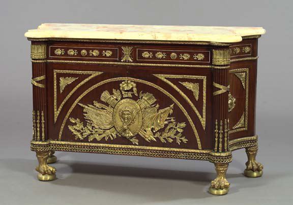 Appraisal: Louis XIV-Style Mahogany and Marble-Top Cabinet the variegated cream and