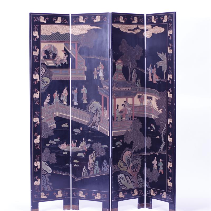 Appraisal: Chinese coromandel lacquer panel scenic intaglio room divider screen Missing