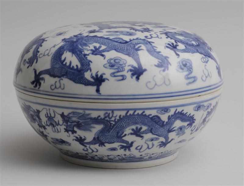 Appraisal: CHINESE BLUE AND WHITE PORCELAIN COVERED BOWL Decorated with dragons