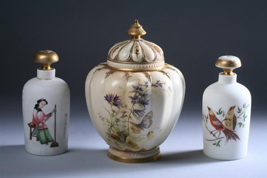 Appraisal: THREE ENGLISH TABLE ARTICLES Including a Royal Worcester porcelain potpourri