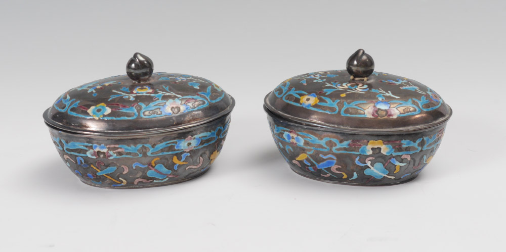 Appraisal: PAIR CHINESE EXPORT SILVER ENAMELED COVERED BOXES Oval boxes with