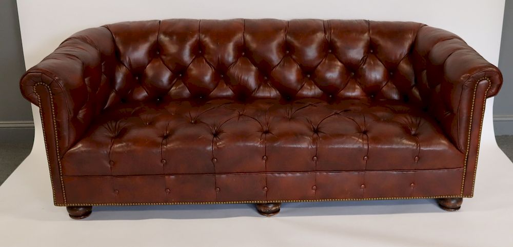 Appraisal: Fine Quality Leather Upholstered Chesterfield Sofa Nice deep rich color