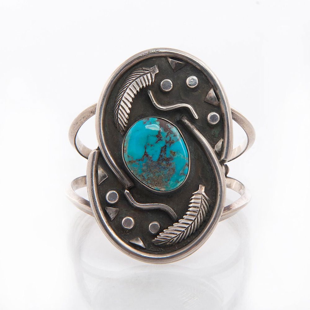 Appraisal: GERTIE GANDADONEGRO SILVER TURQUOISE BRACELET Turquoise stone with geometric and