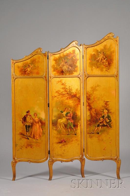 Appraisal: Louis XV Style Polychrome Painted and Gilded Three Panel Floor