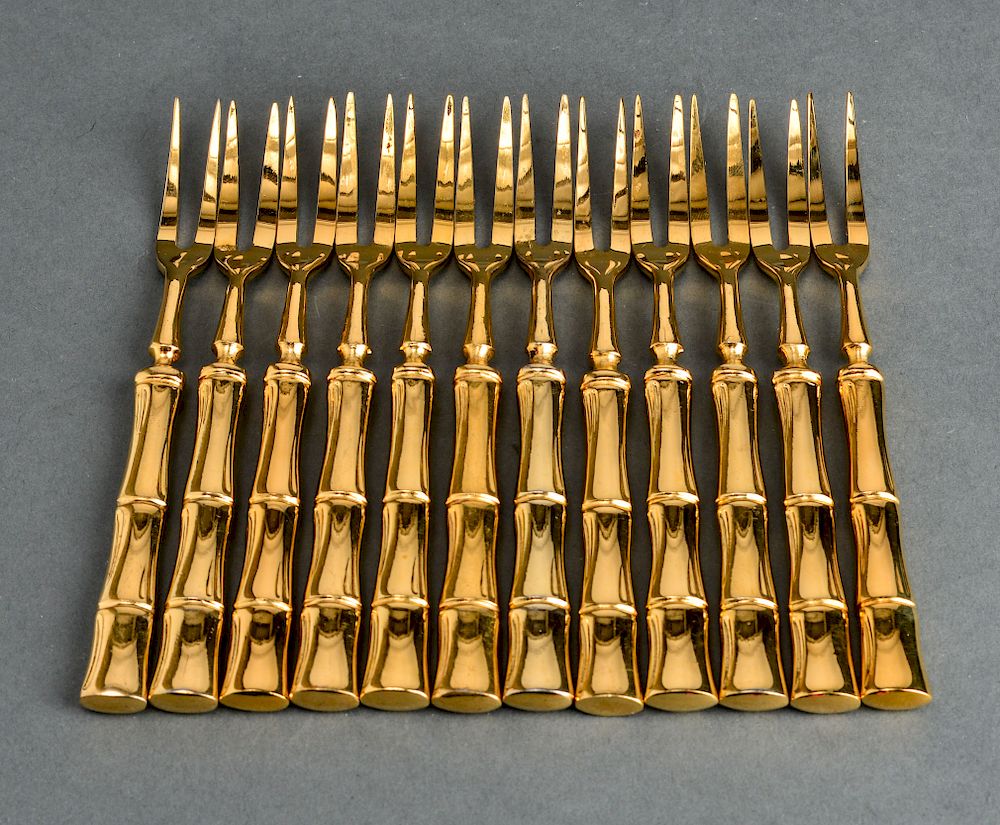 Appraisal: Gold-Tone Bamboo Motif Hors D'oeuvre Forks Set Set of gold-tone