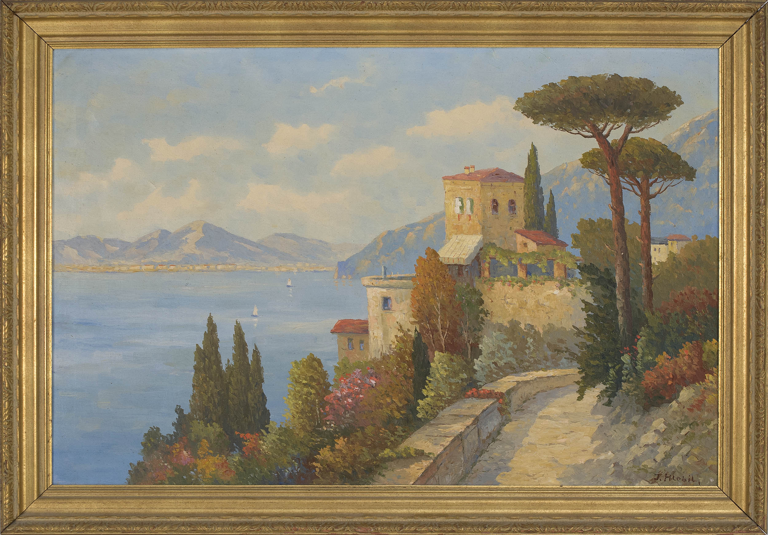 Appraisal: FRAMED PAINTING UNTRACED ARTIST Mediterranean landscape Signed lower right H