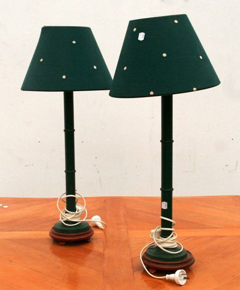 Appraisal: A pair of green timber table lamps with shades