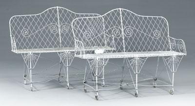 Appraisal: Pair wirework garden benches each with arched back and scrolled