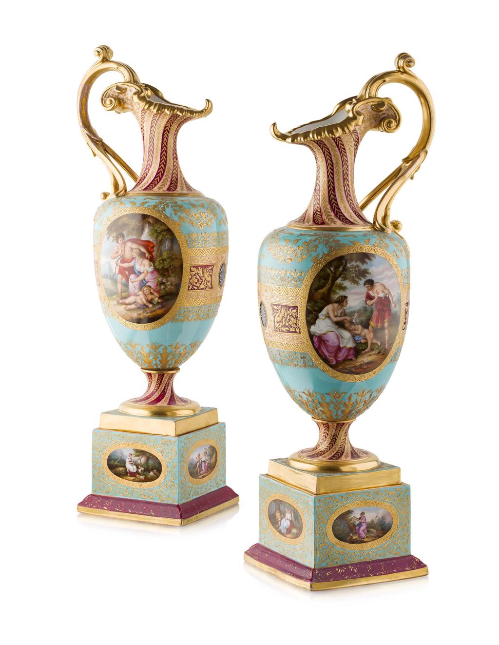 Appraisal: PAIR OF VIENNA PORCELAIN EWERS ON STANDS TH CENTURY each