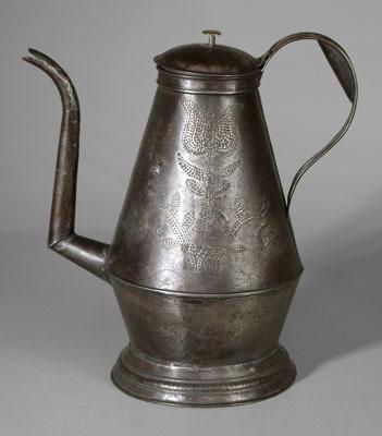 Appraisal: Fine punched tin coffeepot hinged lid with brass finial crooked