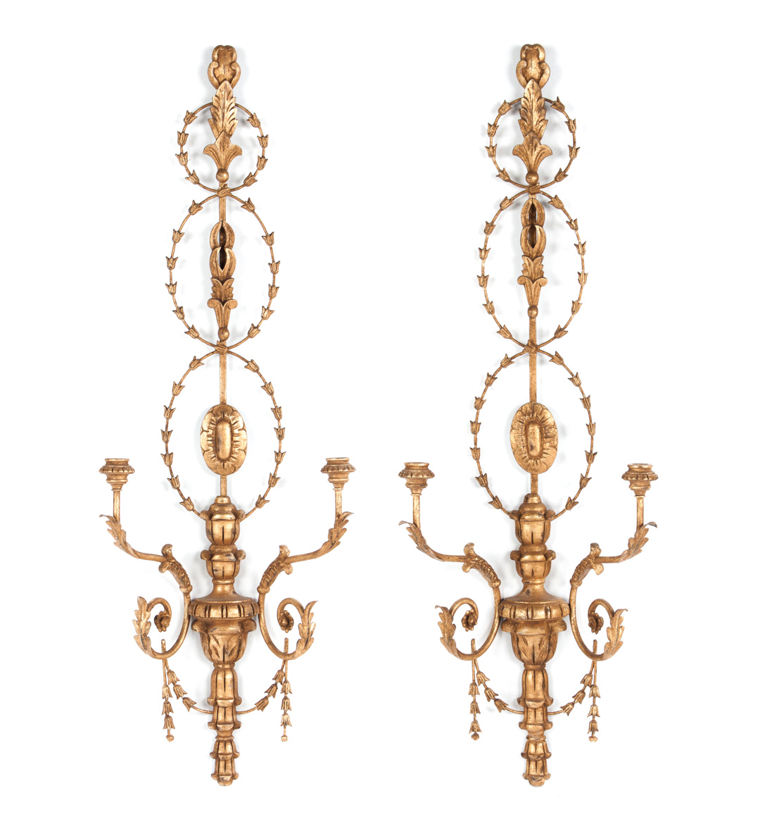 Appraisal: Pair of Regency style giltwood and metal sconces two-light sconces