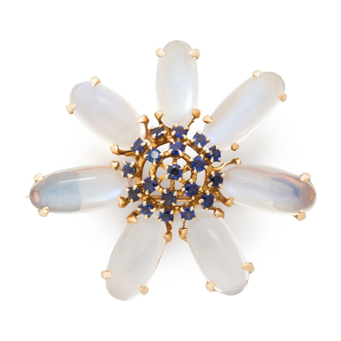 Appraisal: A MOONSTONE SAPPHIRE AND FOURTEEN KARAT GOLD BROOCH A moonstone