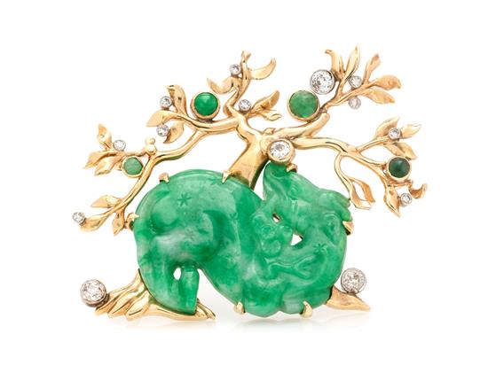 Appraisal: Sale Lot A Yellow Gold Platinum Jade and Diamond Brooch