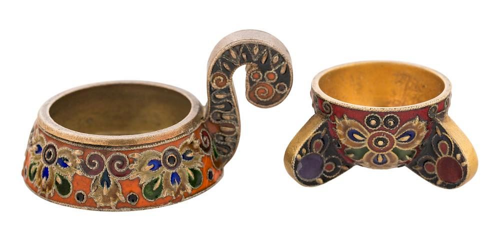 Appraisal: A FABERGE SILVER-GILT AND CLOISONNE ENAMEL SET OF SMALL SALT