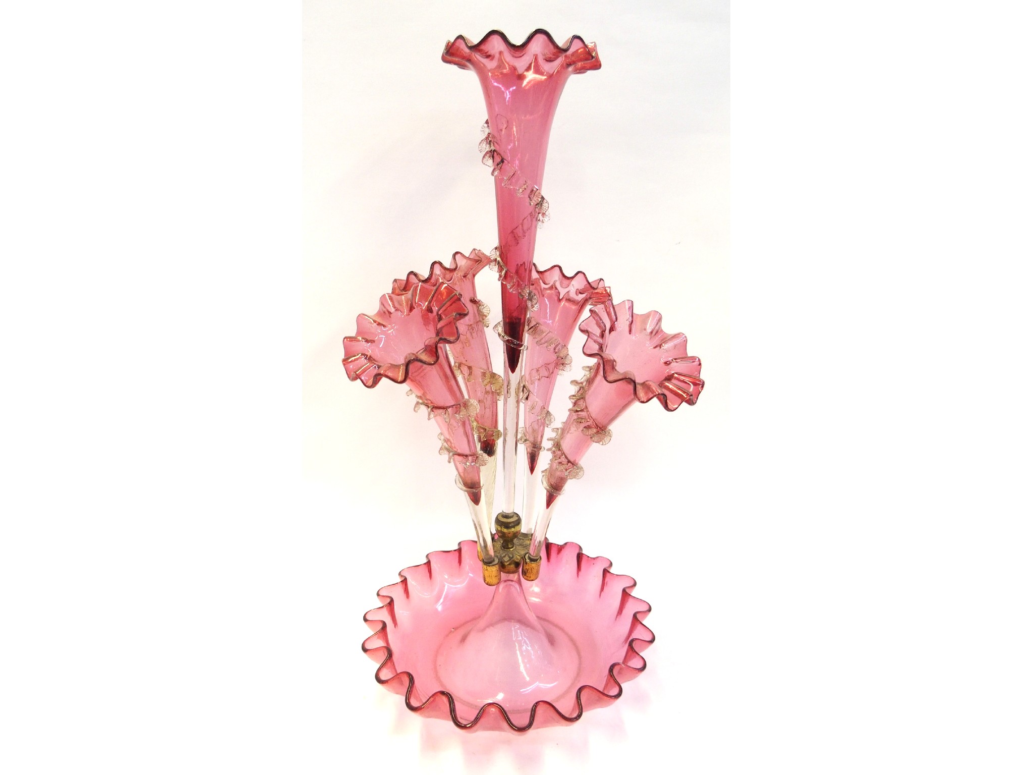 Appraisal: Cranberry glass epergne with five flutes