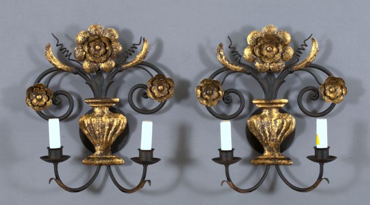 Appraisal: Pair of Italian Provincial Parcel-Gilt Black Wrought-Iron Vase of Flowers