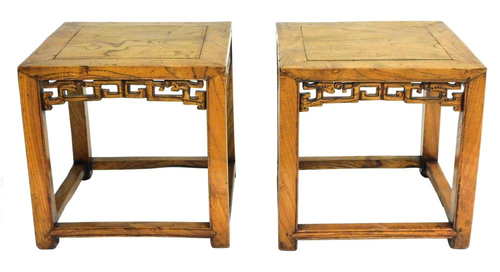 Appraisal: ASIAN Two Chinese Stools low wooden stools with pierced skirt