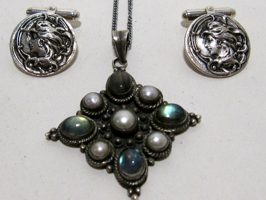 Appraisal: Lot comprising silver pendant set with opalescent stones and pearls