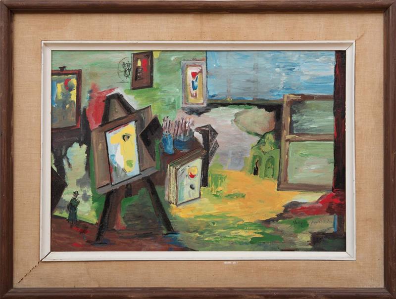 Appraisal: TH CENTURY SCHOOL ARTIST'S STUDIO Oil on board indistinctly signed