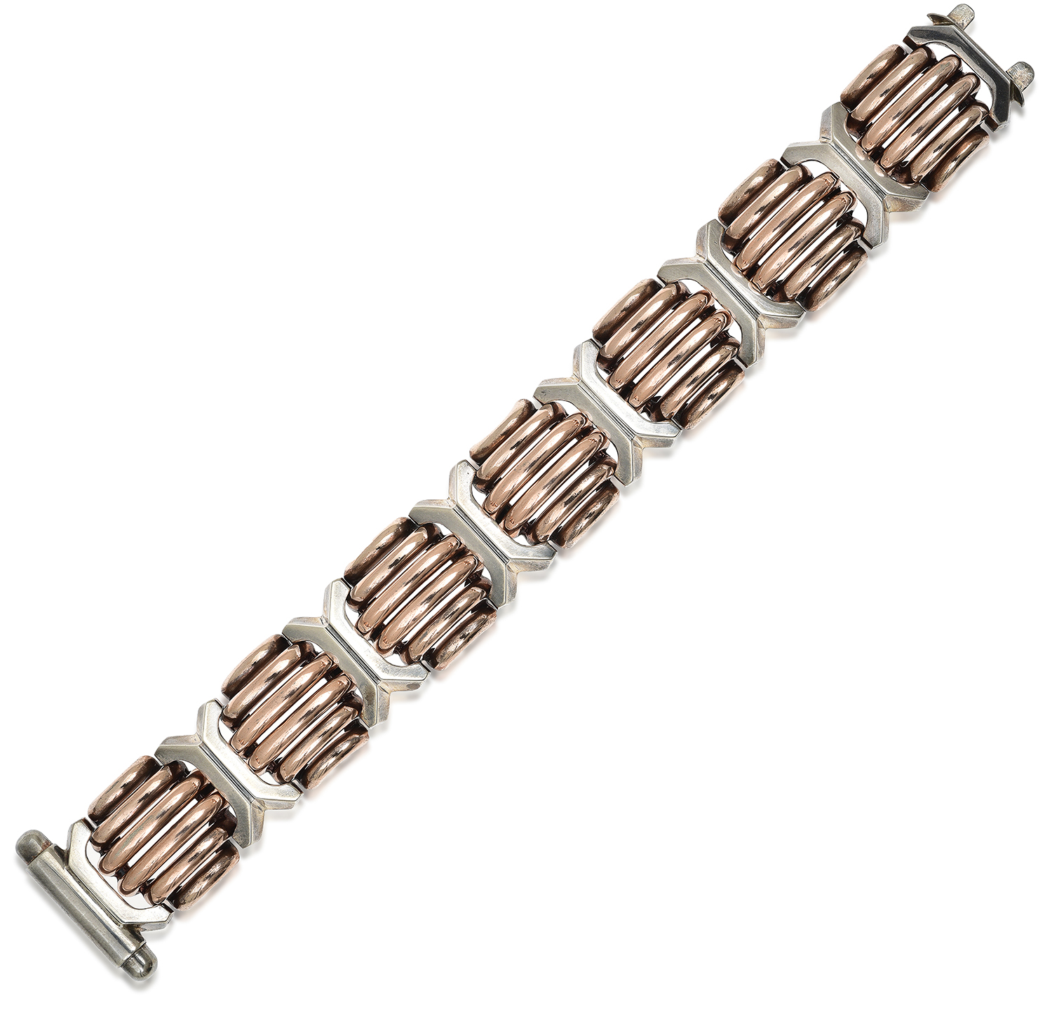 Appraisal: A RETRO SILVER BRACELET The concave geometric panels highlighted with