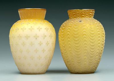 Appraisal: Two mother-of-pearl coralene vases both with tapered amber yellow collars