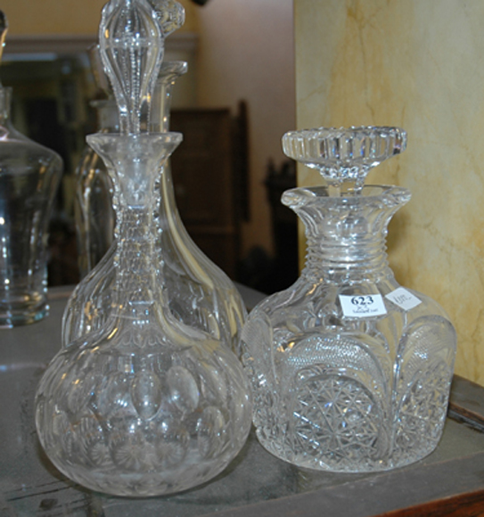 Appraisal: THREE VICTORIAN CUT CRYSTAL DECANTERS