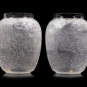 Appraisal: A Pair of Lalique Biches Vases Second Half th Century