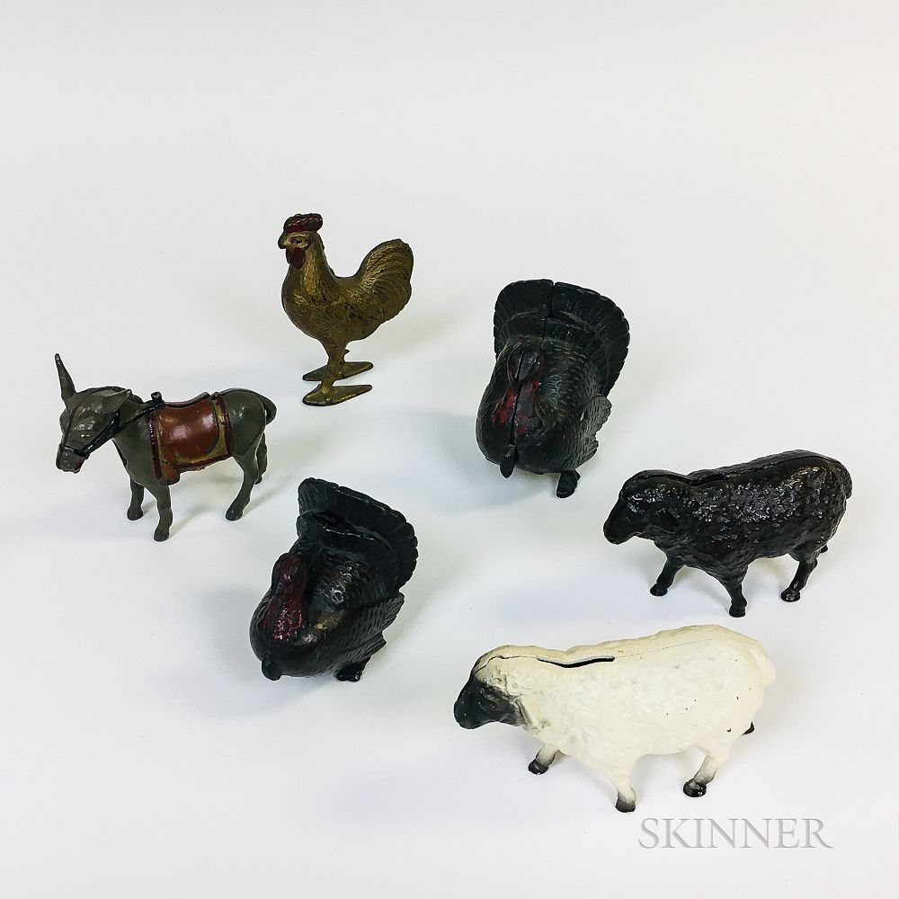 Appraisal: Six Polychrome Cast Iron Animal-form Still Banks Six Polychrome Cast