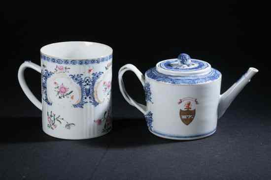 Appraisal: CHINESE ARMORIAL BLUE AND WHITE PORCELAIN DRUM-FORM TEA POT circa