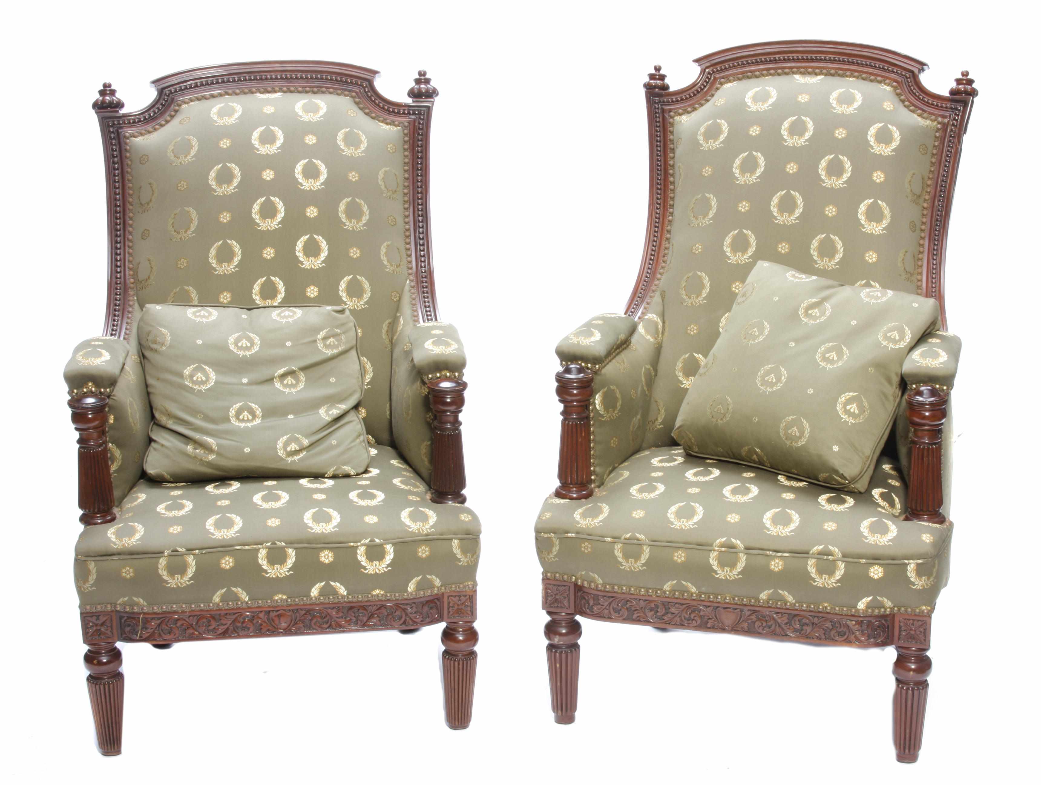 Appraisal: A pair of Napoleon III upholstered mahogany bergres mid th