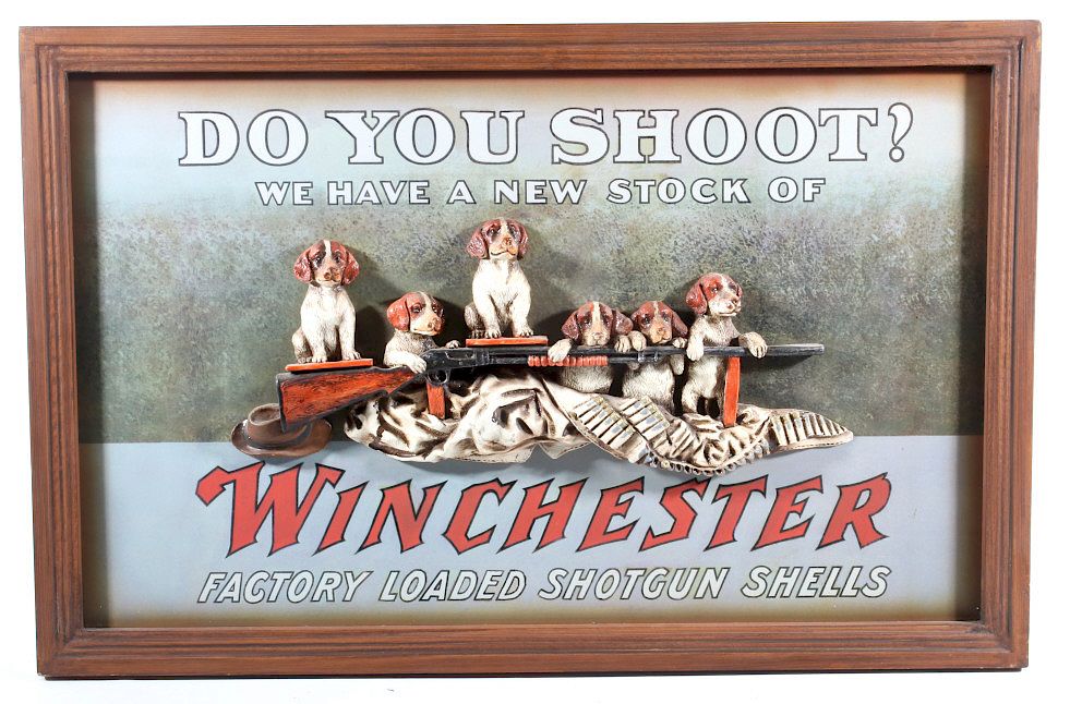 Appraisal: Winchester D Bird Dog Puppies Advertising Sign Featured in this