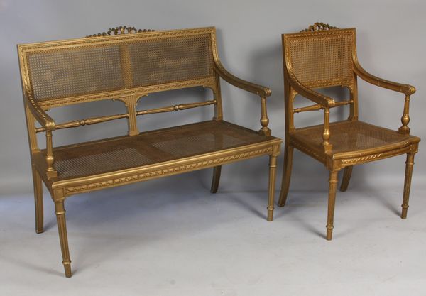 Appraisal: Five-piece giltwood parlor suite with cane backs and seats composed