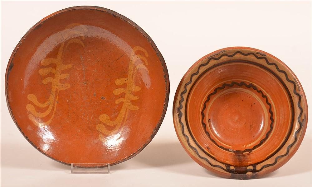 Appraisal: Two Pieces of Shooner Redware Pottery Two Pieces of Slip