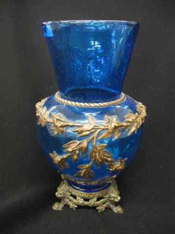 Appraisal: Victorian Art Glass Vase applied copper flowering vine elaborate bronze