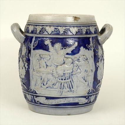 Appraisal: Continental Blue Glazed Stoneware Crock with Relief-Molded Outdoor Drinking Scenes